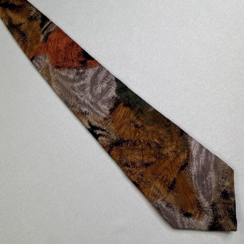 Wembley Men’s 100% Rayon Abstract Print Tie Rust Olive Brown Vintage